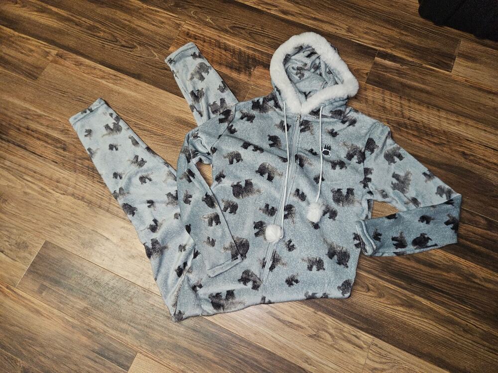 Bearpaw Pajama One Piece Sleeper Faux Fur Trim Blue Bear Print Womens M NWOT